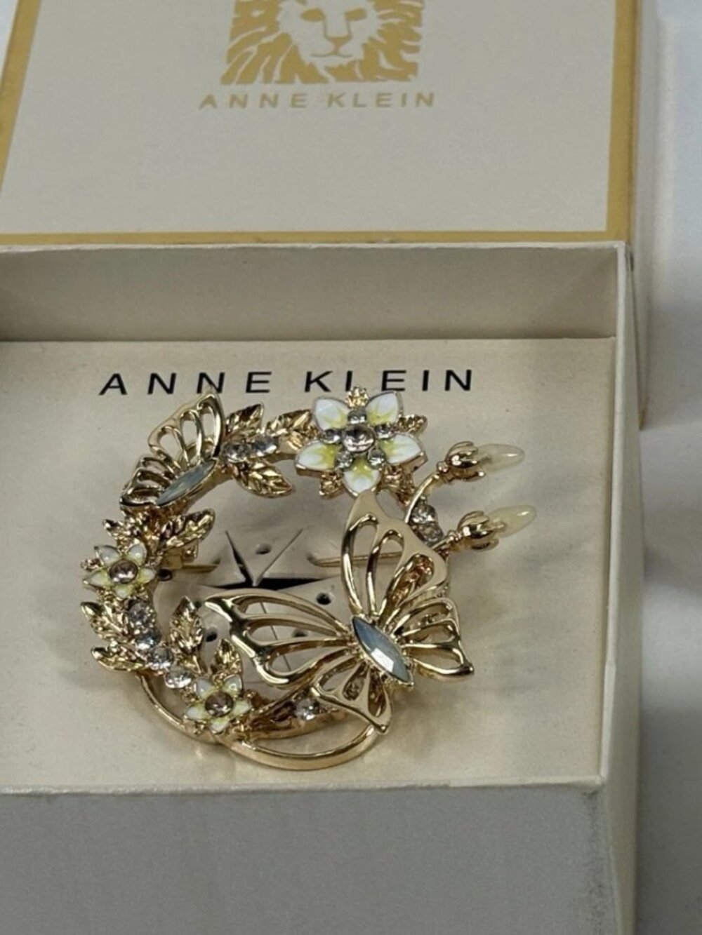 Anne Klein Gold Tone Butterfly Floral Jewelry Set Brooch & Cuff Bracelet w/ Boxe